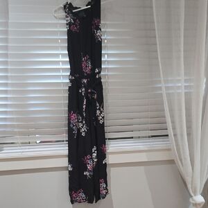 LOFT Black Floral Jumpsuit with Pink and White Accents